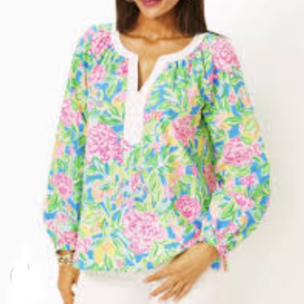 Lilly Pulitzer Pink Green White Floral Camryn Cotton Top In Multi Grove Garden